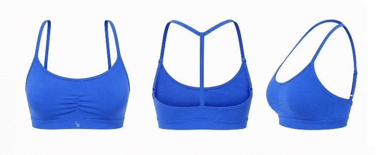 Cobalt blue COR sports bra, front back and side views