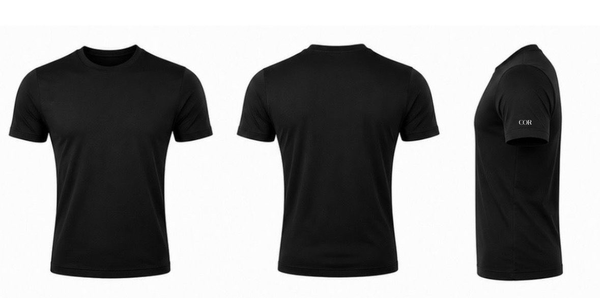 Black COR tee, front back and side views