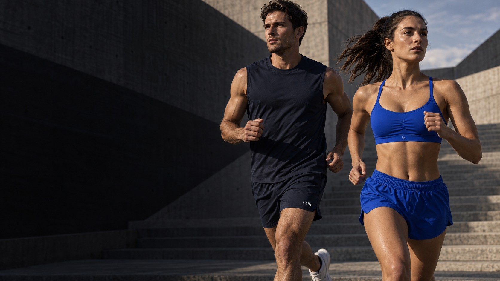 Athletes in COR-inspired training apparel moving through concrete architecture