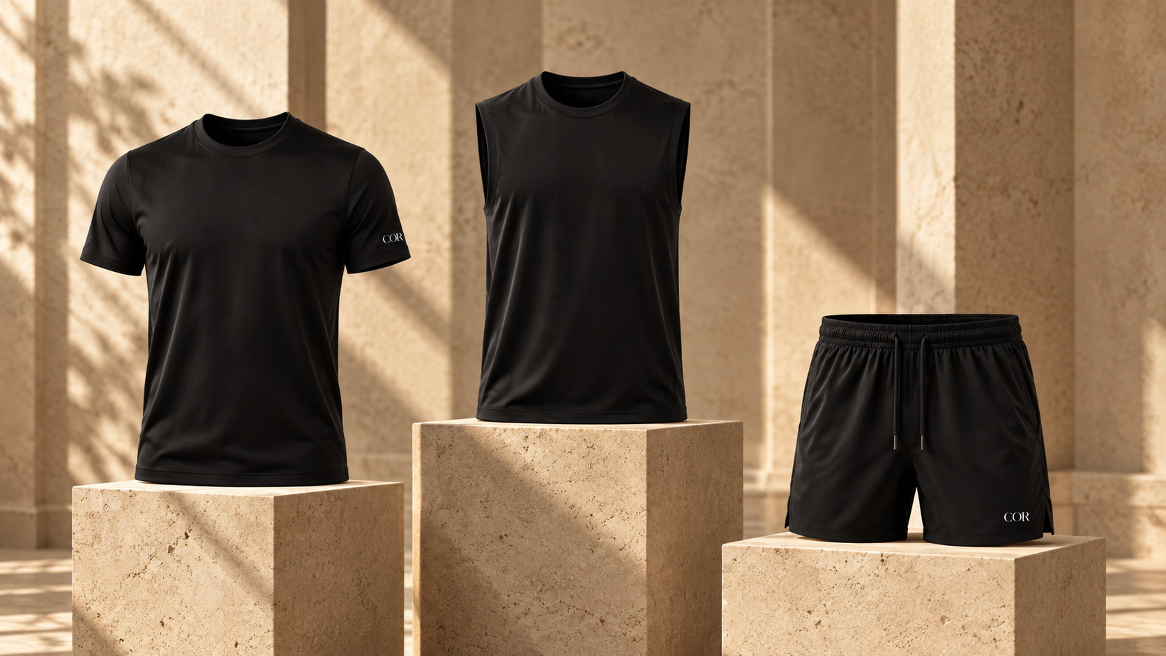 Black COR tee, sleeveless top and shorts displayed on limestone plinths